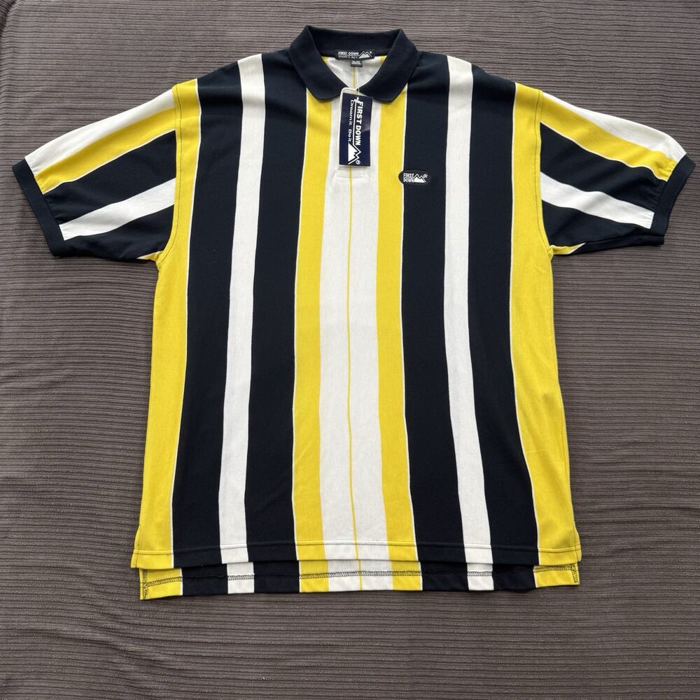 Vintage 90's First Down‎ Polo Shirt Men XL Yellow Black Striped Cotton Casual.